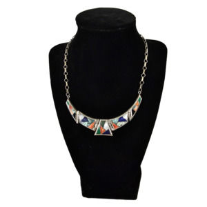 Vintage Teme Navajo Native American Indian Sterling Precious Stone Inlay Necklac